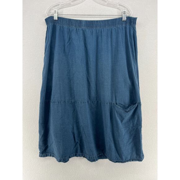 EILEEN FISHER Skirt L Hemp Organic Cotton Chambray A-Line Pull On Pocket Blue - Picture 1 of 14